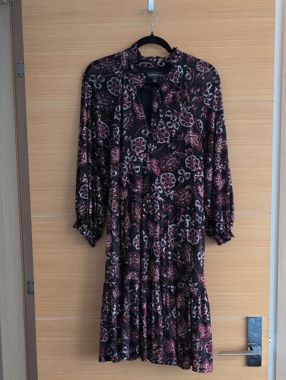 Harper 241 Black and Red Floral Tie-Neck Midi Dress